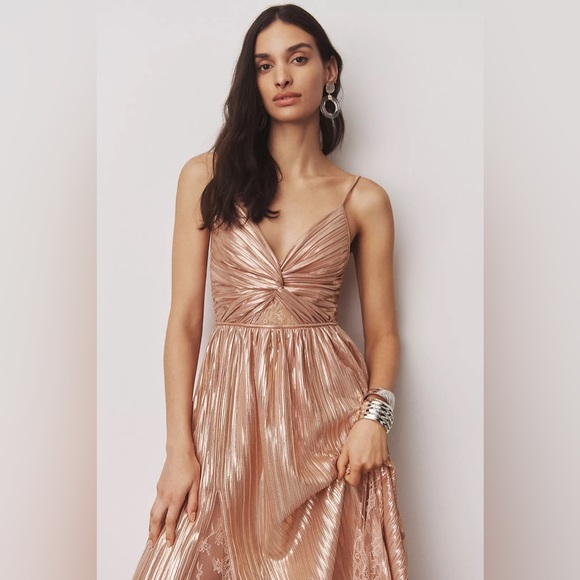 Sabina Musayev Franny Deep-V Satin A-Line Rose Gold midi Dress - Picture 5 of 11